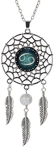 VOIMAKAS Dream Catcher Necklace, Retro Boho Zodiac Sign Pendant Dangling Feather Tassel Bead Charm Chain Constellation Jewelry for Women - Cancer