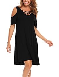 BLUETIME Vestido de manga corta para dama con cuello cruzado, hombros descubiertos
