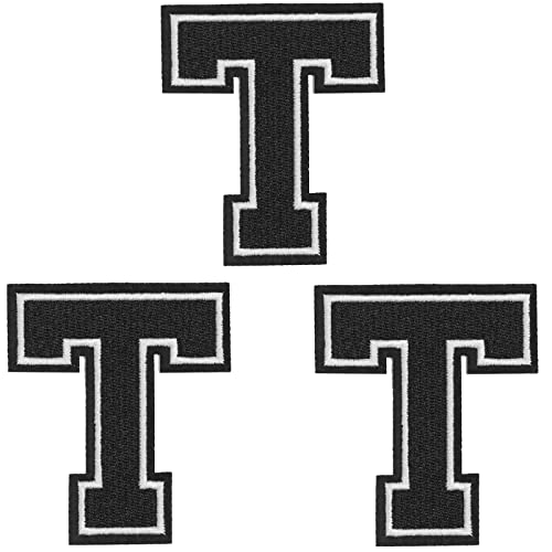 TACVEL 3 Pieces Iron on Letter Patch, Full Embroidery Letter Patch, Iron Alphabet Letter A-Z Iron on Sew on Patches for Clothes, Dress, Hat, Socks, Jeans, DIY Accessories, 3.14inch (Black, T)