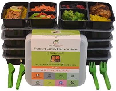 Meal Prep Concepts 3 Compartment Food Storage Containers with Lids, Microwaveable Dishwasher Safe Reusable Stackable Bento Box Style that is BPA Free, 36-Ounce set of 10 with Bonus Cutlery.