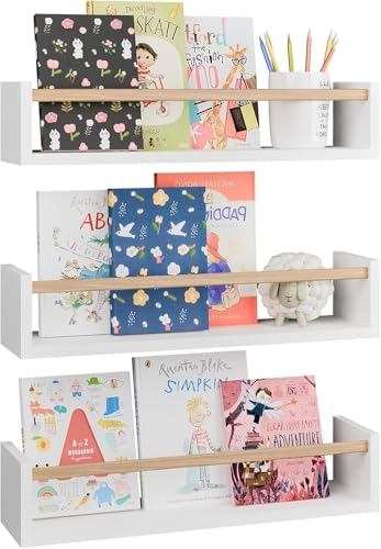 Kids Nursery Bookshelves, 16.5 Inch Floating Shelves for Wall Set of 3, Bookshelf for Bedroom, Baby Nursery Decor (White and Natural Wood)
