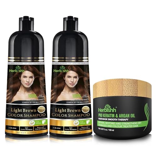 Herbishh Combo Pack-2Pcs Hair Color Shampoo + 1Pc Argan Intense Hair Mask- Dye Shampoo – Colors In Minutes – Long-Lasting Color– 500 Ml (Light Brown)