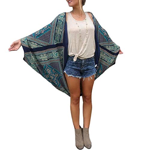 HTDBKDBK Womens Causal Loose Boho Printed Chiffon Loose Shawl Kimono Cardigan Tops Cover Up Blouse Blue