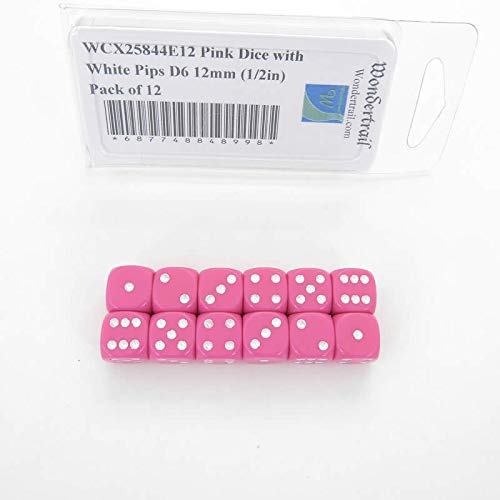 Pink Dice with White Pips D6 12mm (1/2in) Pack of 12 Wondertrail