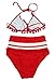 COCOSHIP Red & White Mesh Striped High Waist Bikini Set Tassel Trim Top Halter Straps Swimsuit Two Piece Bathing Suit 12(FBA)