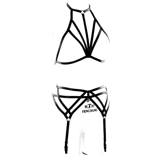 Strappy Harness Full Set Women Punk Gothic Bra Plus Size Body Caged Garter Belt (Black)