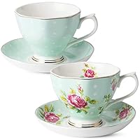 BTäT- Floral Tea Cups and Saucers, Set of 2 (Green - 8 oz) with Gold Trim and Gift Box, Coffee Cups, Floral Tea Cup Set, British Tea Cups, Porcelain Tea Set, Tea Sets for Women, Latte Cups