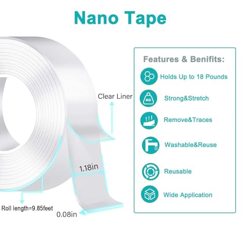HULPPRE 5Meter Clear Nano Double-Sided Tape,Width 3cm,Heavy Duty, Washable&Reusable,Removable No Residue,Transparent Strong Sticky Adhesive tape for Picture Hanging,Carpet,Poster,LED stripes