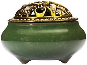 Dark Green Ceramic Stick Incense Burner and Cone Incense Holder with Brass Alloy Cover