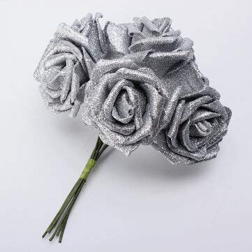 7Pcs Artificial Bouquet Glitter Foam Artificial Flowers Wedding Bridal Party Decor Diy Rose - Silver