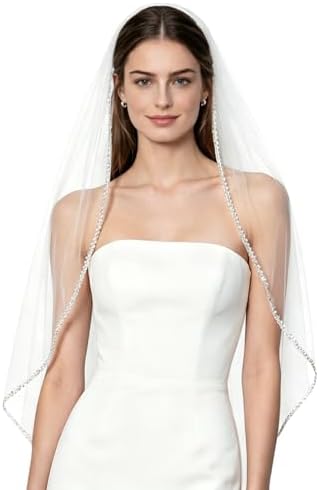 Mopmap 1 Tier Crystal Pearl Beaded Edge Bridal Wedding Veil  display picture 3