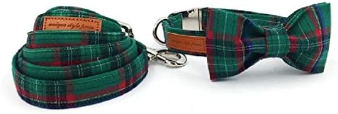 Dark Green Dog Collar And Leash Set With Bow Tie Matel Buckle Necklace And Dog Leash