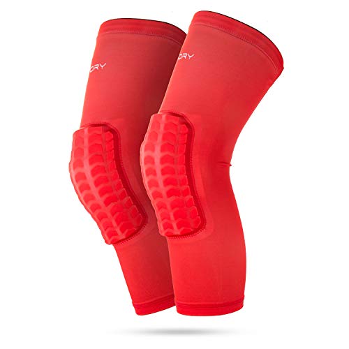 RoryTory Padded Compression Legs Sleeves Knee Pads Brace Support for Basketball Football Volleyball Baseball Soccer Tennis Sports Protection Men Women Adults - (1 Pair) Large Size | Solid Red (Best Leg Sleeves For Basketball)