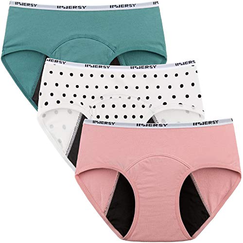 Innersy Menstruationsunterwäsche Baumwolle Jugendliche Mädchen Perioden Slip Mehrpack 3 (14-16 Jahre, 2 Volltonfarben/ 1 Punktdruck)
