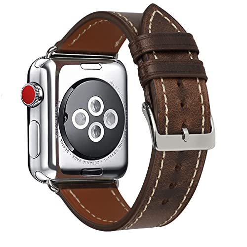 HUAFIY Compatible for apple Watch Band 42mm 44mm man Top Grain Leather Band Replacement Strap iWatch Series 5/4/ 3/2/ 1,Sport, Edition. New Retro discoloured Leather (coffee+Black Buckle, 42mm 44mm)