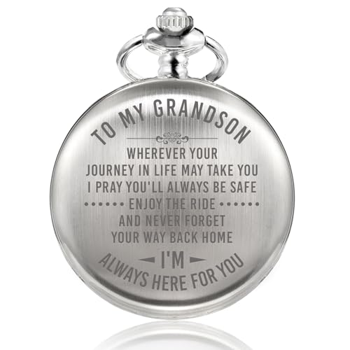 TREEWETO Mens Engraved Pocket Watch Gifts from Grandpa Grandma, Unique Birthday Gift Ideas for Grandson, Graduation Gifts for Him, Present for Men