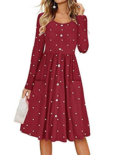Somateva Women's Long Sleeve Polka Dot Pleated Button Down Dress Swing Casual Midi with Pockets Red Wine
