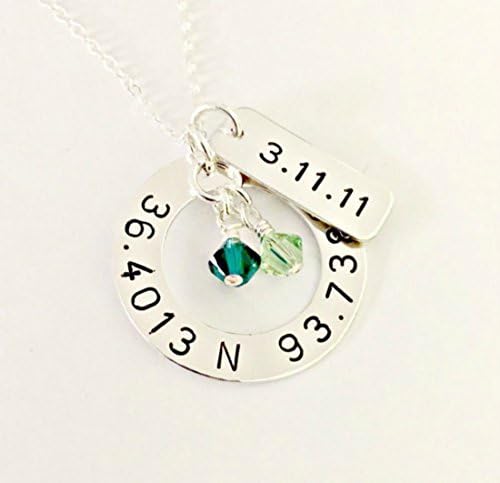 Sterling Silver Coordinates Washer with Rectangular Tag &amp; Birthstones - Personalized Hand Stamped Jewelry
