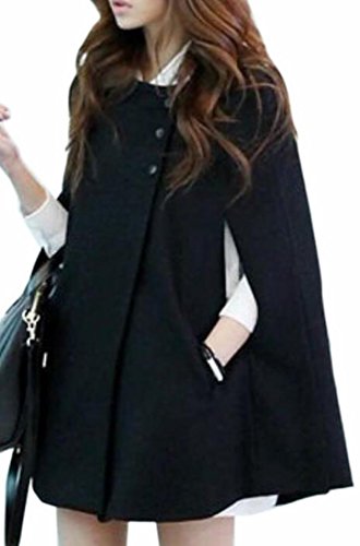 HTOOHTOOH Women's Stylish Buttons Poncho Cape Batwing Sleeve Warm Cloak Coat Black M - Thumbnail 2