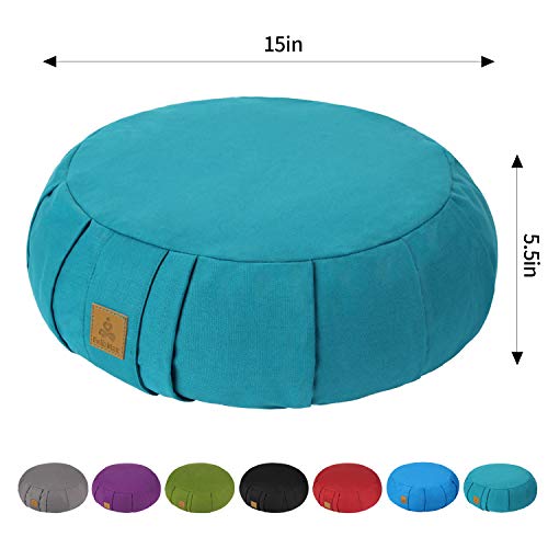 FelizMax Round Zafu Meditation Cushion, Zabuton Meditation Pillow, Yoga Bolster/Pillow, Floor seat, Zippered Organic Cotton Cover, Natural Buckwheat, Kneeling Pillow – 5 Colors and Large (Cyan Blue)