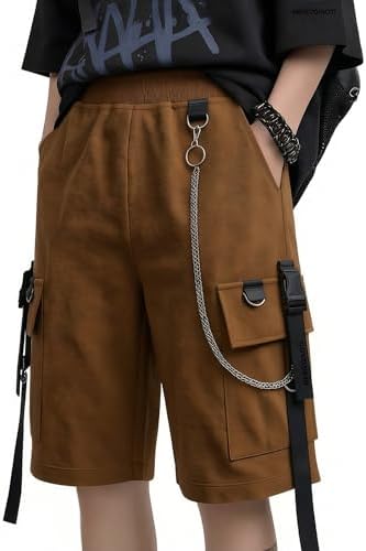 Gothic Punk Cargo Shorts, Black with Red Stripes, Chain Detail