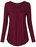 Vinmatto Women's Long Sleeve Scoop Neck Pleated Tunic Shirt(M,C-Wine Red)
