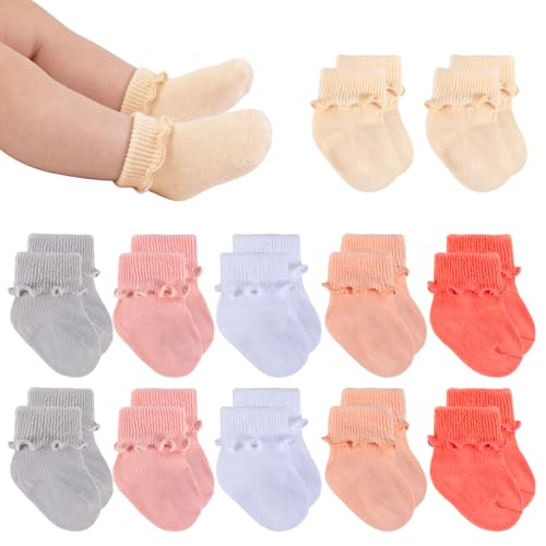MKYSZLT 12 Pairs Newborn Baby Socks Ruffle Preemie Turn Cuff Cotton Non-slip Soft Warm Ankle Baby Doll Socks for Infant Girls Hospital Nicu 0-3 Months at Amazon