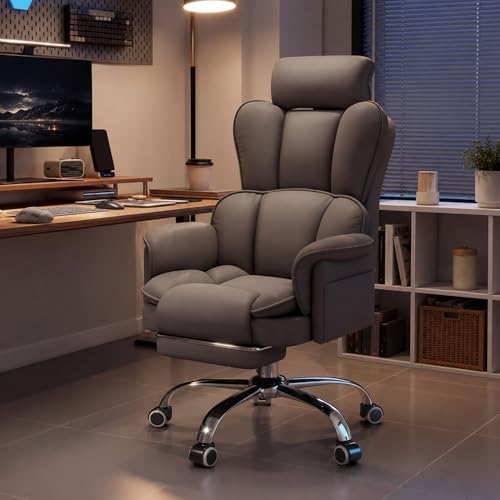 Ergonomic Office Chair with Footrest Executive Desk Chair Big and Tall Gaming Chair PU Leather Computer Chair with Swivel Wheels for Home Office Bedroom Study (Grey)