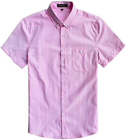 ROOLOLY Men's Casual Dress Oxford Short Sleeve Button Down Shirts(Pink,L)