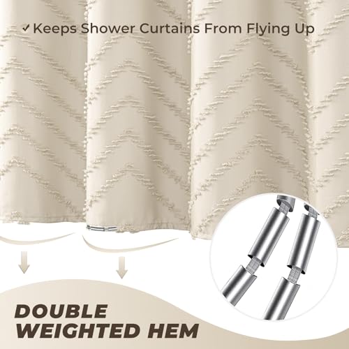 TURKIO Beige Boho Shower Curtain 72 x 72 Modern Farmhouse Shower Curtain Bohemian Chic Tufted Chevron Textured Striped Minimalist Shower Curtain Woven Fabric Cute Beige/Cream Shower Curtain