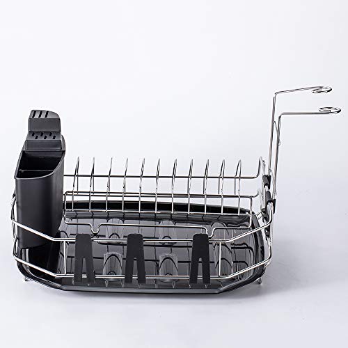 VESLA HOME Sink Countertop Kitchen Dish Drying Rack in Sink Dish Drainer with Drain Board and Cutlery Cup, Stainless Steel Silver Wire/Black Plastic - Thumbnail 5