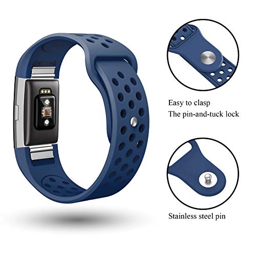 SWEES Silicone Sport Bands Compatible Fitbit Charge 2, Breathable Sport Replacement Bands with Air Holes Small & Large (5.7" - 8.3") for Women Men, Black, Grey, Navy Blue, Pink, White, Teal