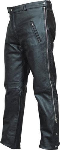 Mens Black Lined Leather Motorcycle Chap-Style Pants with Silver Hardware and side zippers