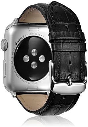 Leather Strap Replacement for Apple Watch Series 4 44mm Band Genuine Leather Alligator Grain Replacement Bracelet Strap Silver Pin Buckle Adapter For Men Women-Black