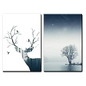 2 Panel Canvas Wall Art - Double Exposure Style Deer and Trees - Giclee Print Gallery Wrap Modern Home Art Ready to Hang - 16"x24" x 2 Panels