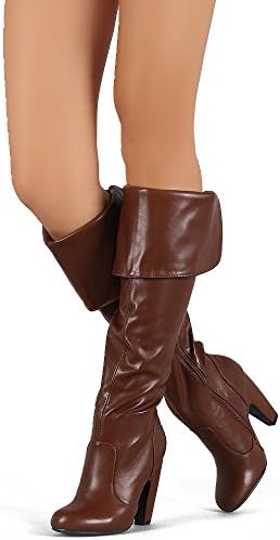 Bamboo Women's Cuff Elastic Gore Chunky Heeled Knee High Boots Cognac 8