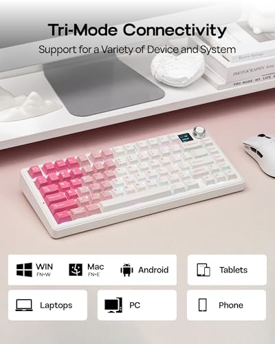 EPOMAKER X AULA F75 MAX Tri-Mode Wireless Gaming Keyboard, TFT Screen, Knob, Hot Swappable, 2.4GHz/Type-C/BT5.0, Gasket Creamy, for PC/Mac/Office/Gaming (White Pink)