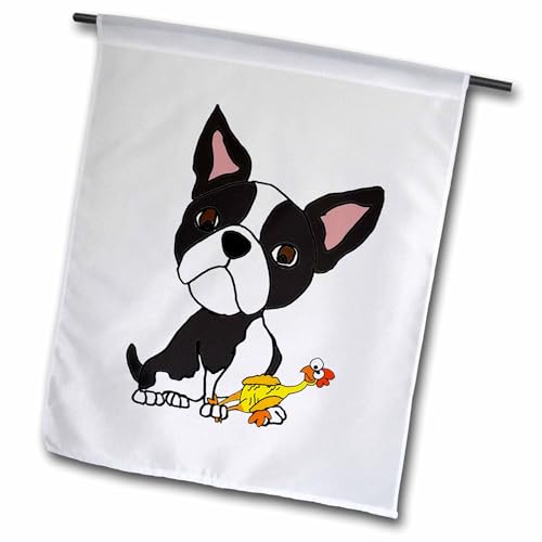 3dRose Garden Flag Funny Cute Boston Terrier Puppy Dog with Rubber Chicken Toy…