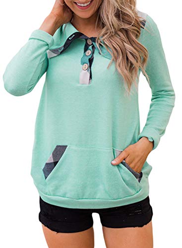 FIYOTE Women Casual Hoodies Tops Constract Color Long Sleeve Lightweight Sweatshirt Blouses Large Size Green