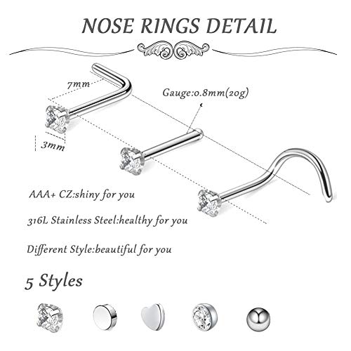 WAINIS 25 Pcs Stainless Steel CZ Belly Button Rings Nose Ring Set for Women Girls Nose Hoop Ring Studs Navel Barbell Body Piercing Jewelry