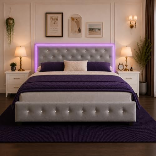 Queen Bed Frame with 4 Storage Drawers, LED Bed Frame with Remote Control Rhythm Sync Light, Adjustable Diamond Tufted Headboard, No Box Spring Needed, Velvet Grey