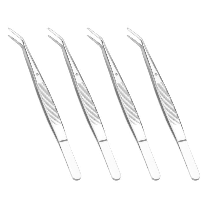 PUCSIQ 4 Piece Serrated Bent Tips Tweezers, Stainless Steel 15.6 cm Tweezers, Curved Sewing Machine Tweezers Set, Model Making for Craft Repair, Sewing Machines, Jewellery and Nail Art