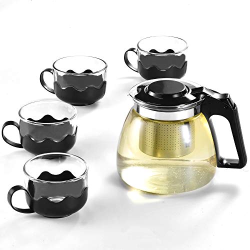 Teapot with Infuser and 4 Glass Cups set,Glass Tea Maker Kettle with Strainer Blooming Loose Leaf tea pot set by JASVIC - Thumbnail 5