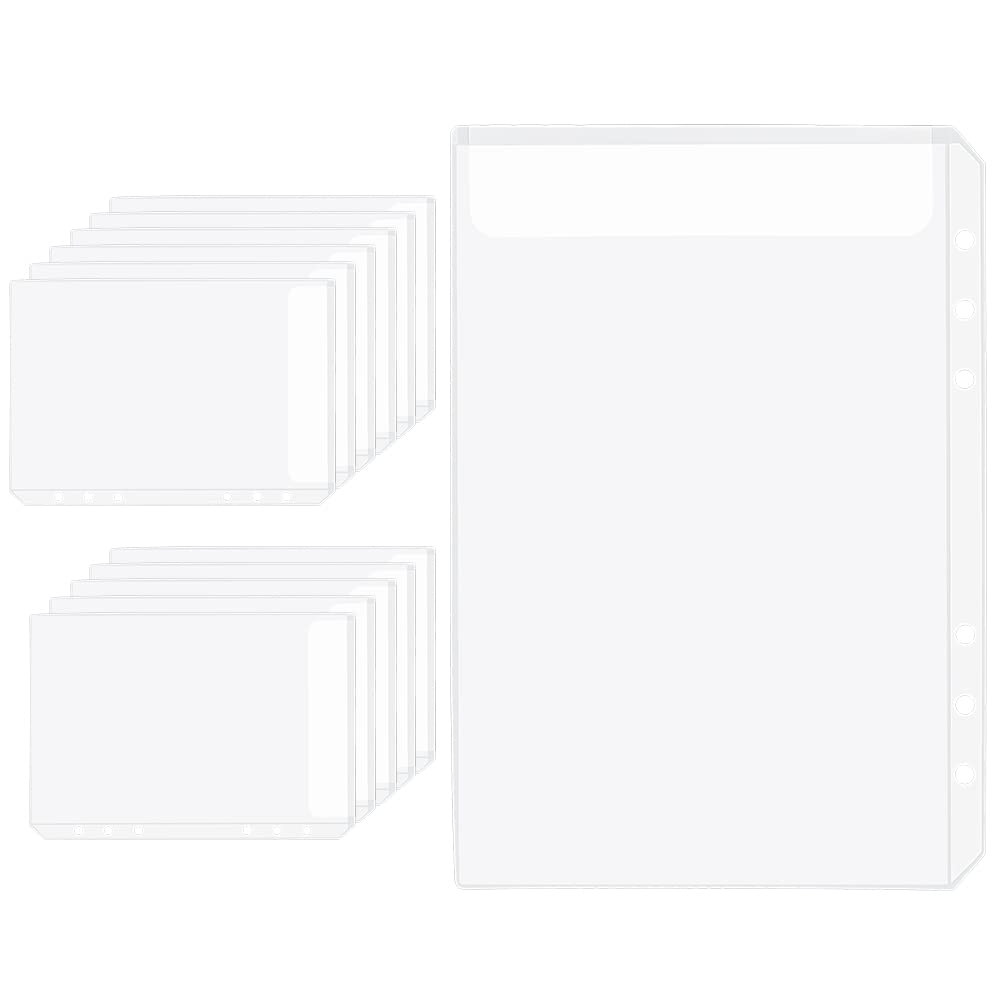 12pcs Binder Pockets A5 6 Holes Binder Pouch No Zipper Loose Leaf Bag PVC Document Filing Bags Translucent Budgeting Envelopes Wallet Binder Cash Planner Insert Pouches Organizer (A5 1 Pocket)