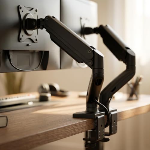 Suporte Duplo para Monitor com Pistão a Gás JadeVic – Braço Articulado para 2 Monitores de 10 até 29 Polegadas com Rotação 360° - JadeVic