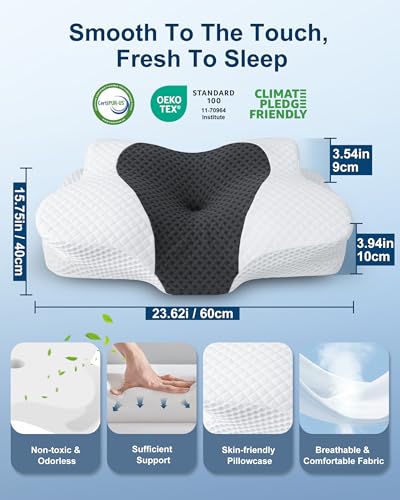 HOMCA Neck and Neck Pillow, Ergonomic Memory Foam Pillow, Side Sleeper, Back and Mouth Down Pillow, 60 x 40 x 9/10 cm
