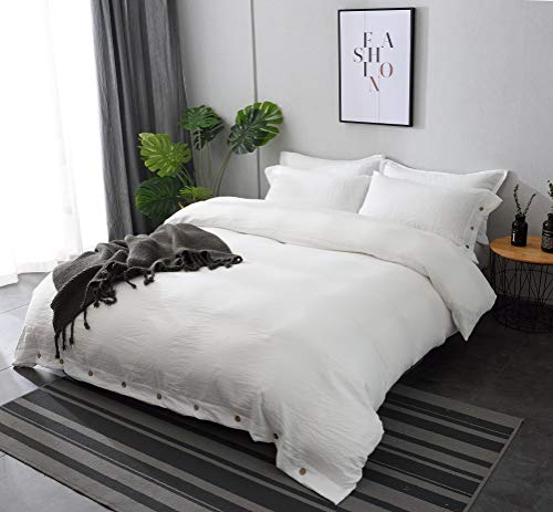 M&Meagle Duvet Cover White,Solid Color Button Design,100% Microfiber Treated by Washed Cotton Process,Feels Like a Very Soft Cotton-Queen Size(3Pcs,1 Duvet Cover 2 Pillowcases) - Thumbnail 2
