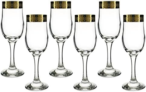 Italian Champagne Flute Glass Fleur-de-lis Patterned Rim 6 Piece Set