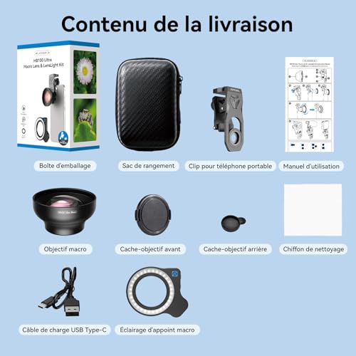 APEXEL HB100 Ultra Objectif Macro HD F1.05 45 Modes Lumière & Revêtement AF,Objectifs pour Téléphones Portables pour Smartphones iPhone, Samsung et Pixel