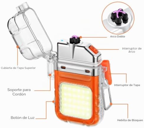 Isqueiro elétrico, isqueiro eletrónico USB C recarregável, isqueiro de arco duplo com lanterna, resistente ao vento e à água, acendedores de velas, presente para o pai, avô (laranja)